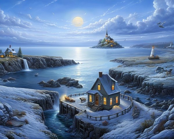 Winter Landscape with House, River, and Cliffs