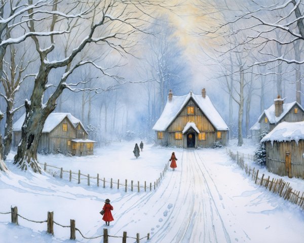Serene Winter Scene with Wooden Houses and Snow