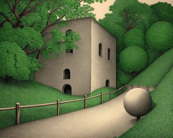 Serene Landscape with Winding Path and Minimalist Building