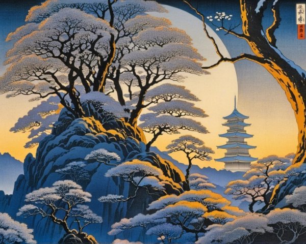Serene Landscape with Pagoda and Rocky Terrain