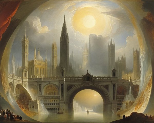 Fantastical cityscape with towering spires and bridge