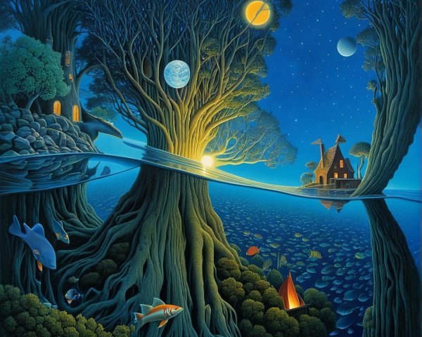 Surreal Landscape with Intertwined Trees and Water