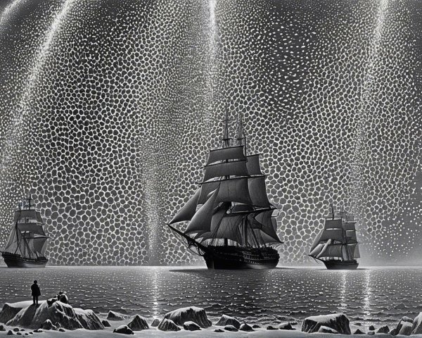 Monochromatic Scene of Ships on Calm Sea with Hexagons