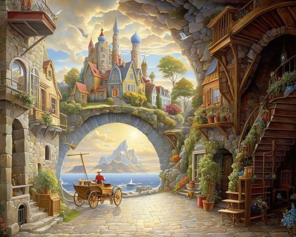Quaint village with colorful houses and whimsical towers