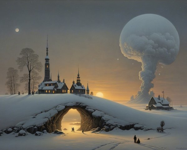 Winter Landscape with Village and Surreal Mushroom Cloud
