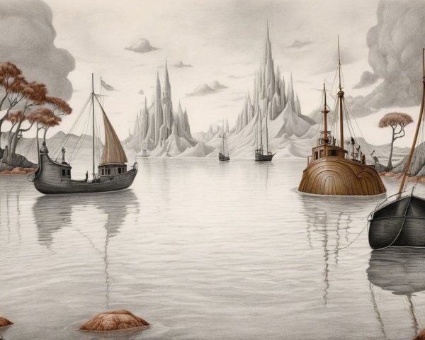 Serene Landscape with Boats and Majestic Mountains