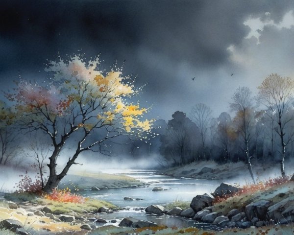 Serene Landscape with Winding River and Autumn Colors
