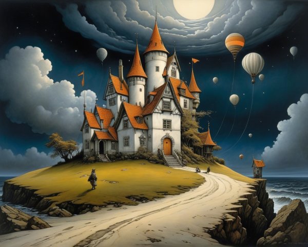 Whimsical Castle on Cliff with Hot Air Balloons