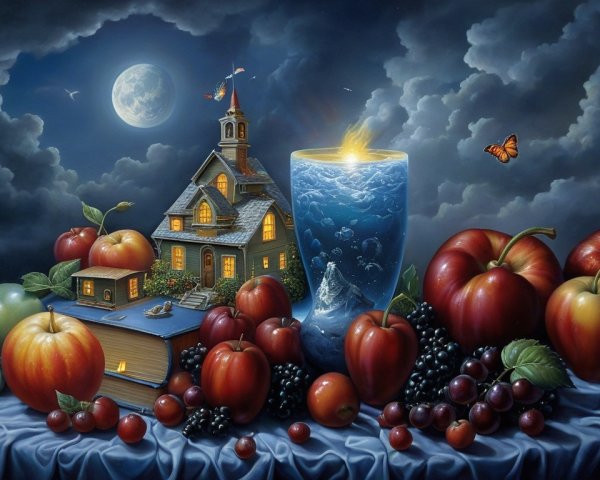Whimsical House with Clock Tower Under Full Moon