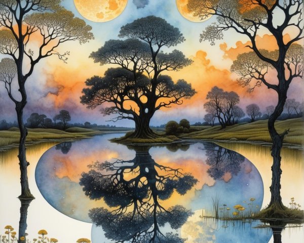 Tranquil Lake Landscape with Two Moons at Twilight