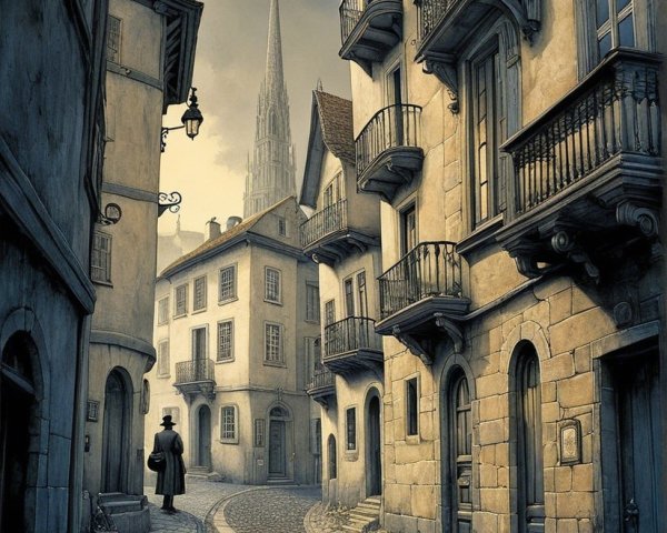 Narrow Cobblestone Street with Rustic Buildings and Spire