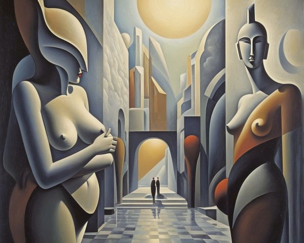 Surreal Architectural Scene with Abstract Figures