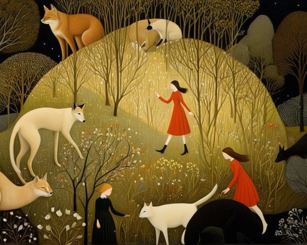 Whimsical Landscape with Women and Stylized Animals