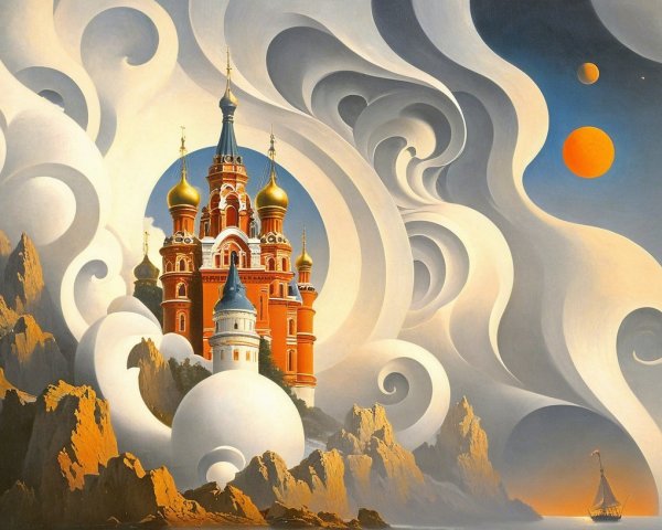 Colorful Grand Castle with Planets in Twilight Sky