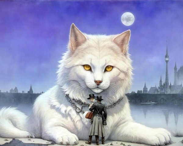 Majestic White Cat in Mystical Night Landscape