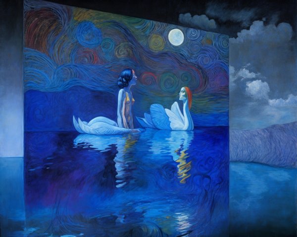 Ethereal Swan Figures in a Colorful Night Scene