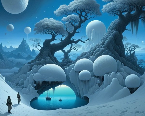 Surreal Icy Landscape with Giant Spheres and Figures