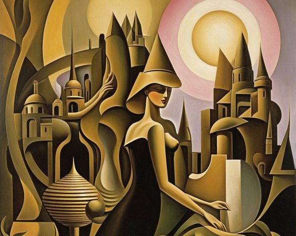 Stylized Woman in Black Dress in Surreal Landscape