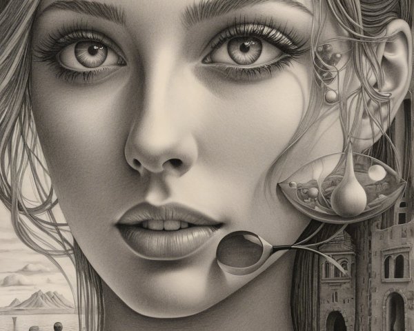 Hyper-realistic portrait of a young woman with surrealism