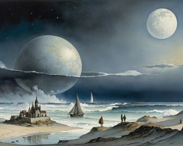 Surreal Beach Landscape with Moons and Castle