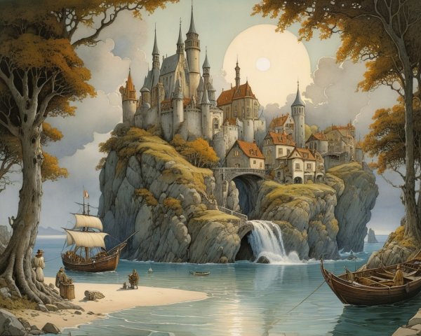 Majestic Castle on Rocky Island with Scenic Waterfall
