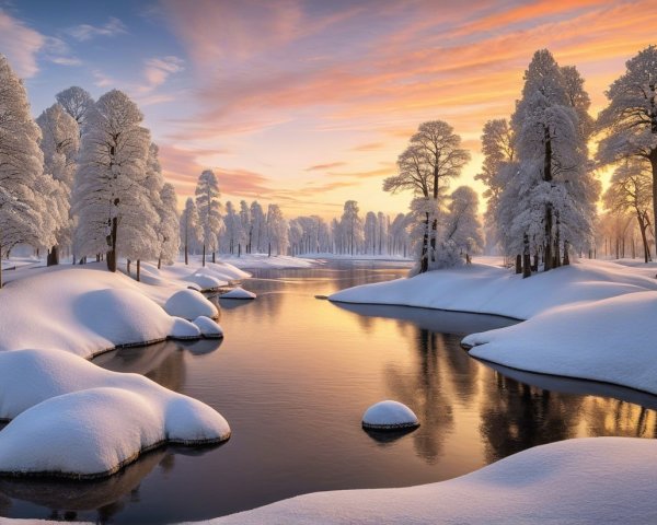 Serene Winter Landscape with Snow and Sunset Hues