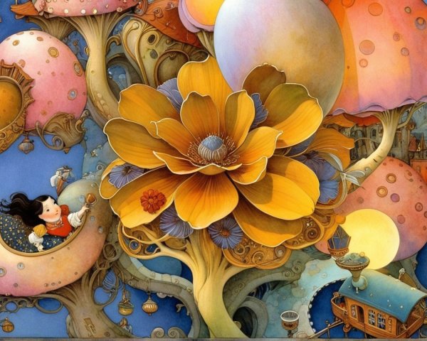 Whimsical Scene with Oversized Mushrooms and Flowers