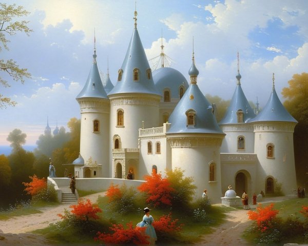 Whimsical castle surrounded by lush greenery and flowers
