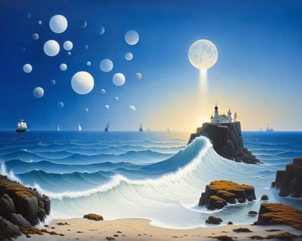 Serene Seascape with Castle and Dreamlike Elements