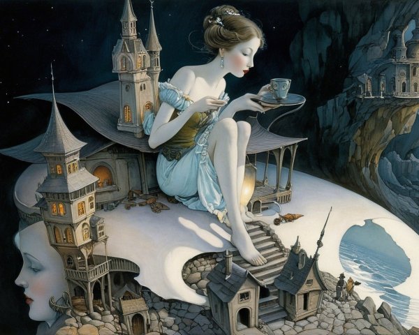 Serene Woman on Giant Seashell in Enchanting Scene