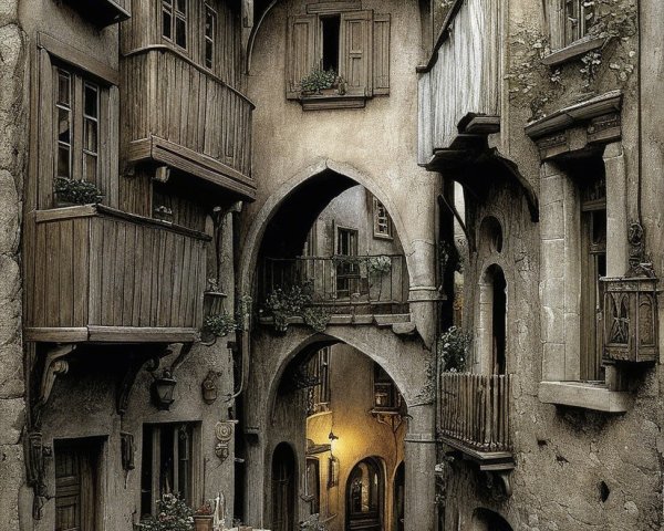 Narrow Cobblestone Street in an Old Village Scene