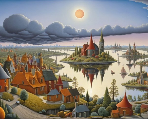 Vibrant Lake Landscape with Enchanting Village Scene