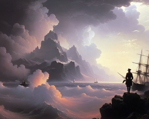 Dramatic Seascape with Mountains and Ship at Dusk