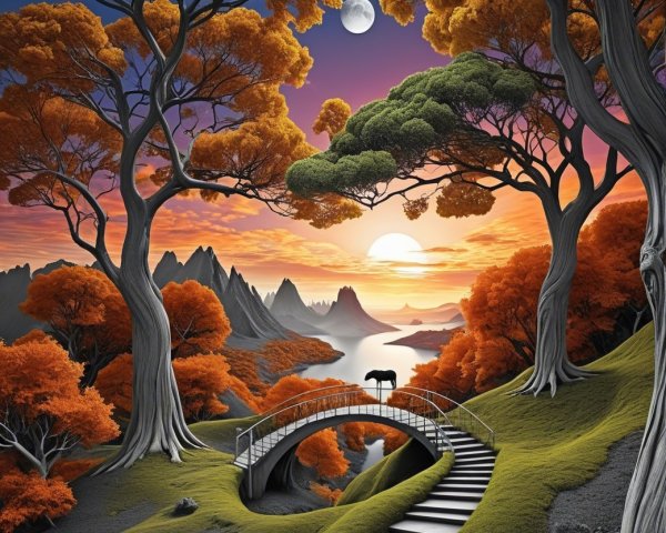 Surreal Landscape with Orange Trees and Sunset Lake