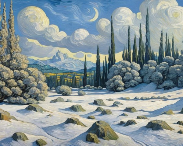 Serene Winter Landscape with Snowy Hills and Cypress Trees