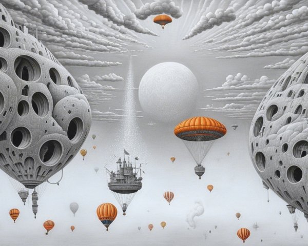 Surreal Landscape with Abstract Structures and Balloons