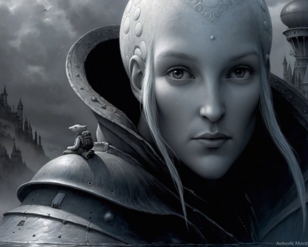 Black-and-white portrait of a woman with a helmet