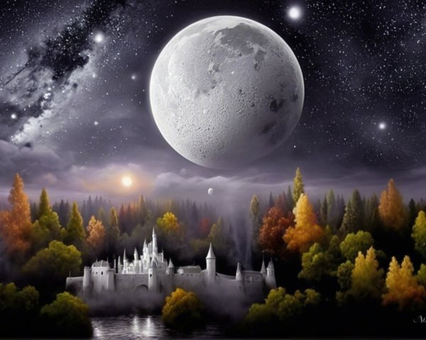 Majestic Nighttime Scene with Moon and Castle