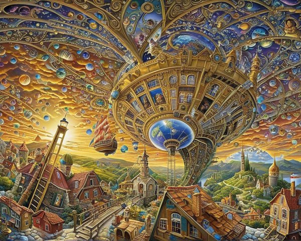 Fantastical Landscape with Sky Structure and Villages