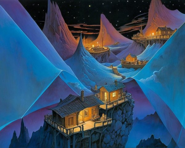 Surreal Mountain Landscape at Twilight with Homes and Stars