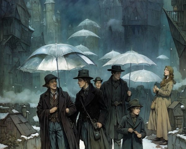 Victorian Street Scene in Snow with Elegant Figures