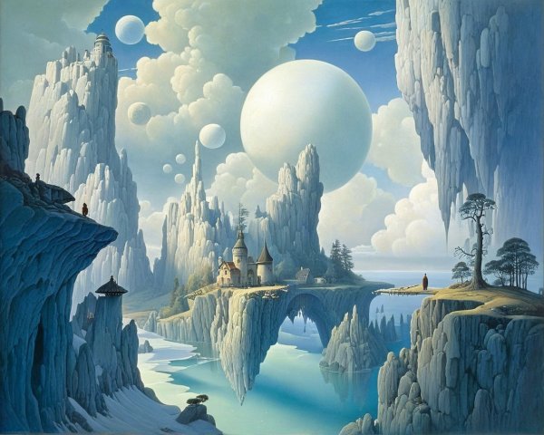 Surreal Landscape with Icy Cliffs and Floating Islands