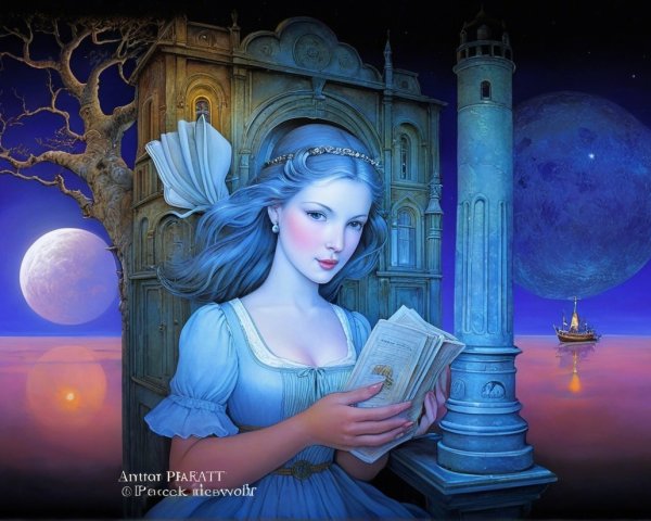 Serene Woman in Blue Gown Against Celestial Landscape