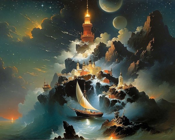 Dreamlike Landscape with Lighthouse and Sailboat