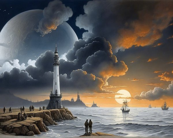 Twilight Lighthouse Scene with Moon and Sailing Ships