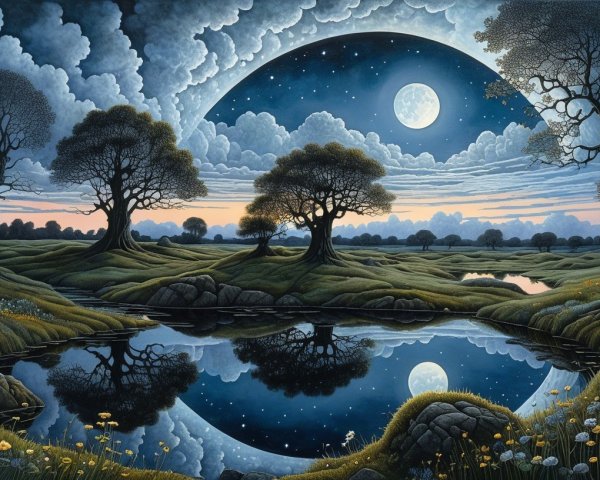 Tranquil Pond Under Full Moon in Lush Landscape