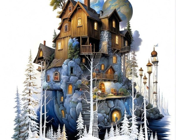 Whimsical Wooden House in Serene Winter Landscape
