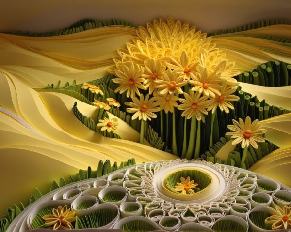 Vibrant Paper Art Landscape with Yellow Flowers and Hills