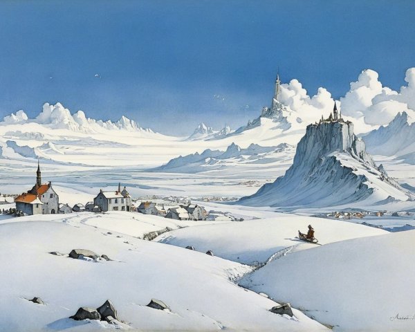 Winter Landscape with Snow-Covered Houses and Mountains
