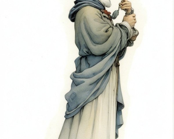 Elderly figure in robes with whimsical castle and smoke